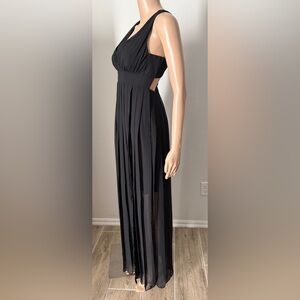 BCBGeneration black v-neck semi-sheer pleated maxi dress side slits back cutouts